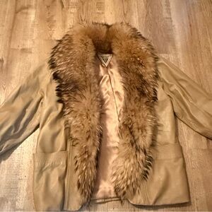 vintage 1980s Marvin Ri hard Tan Leather Jacket with Huge Fur Collar large